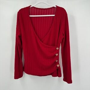 Womens Red Y2K Ribbed Wrap Top‎ Size [tag size] Button Detail Retro Minimalist